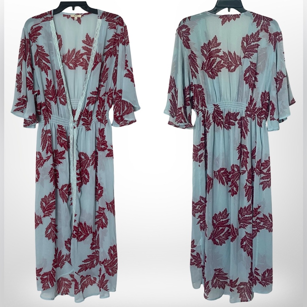 VTG Kori America Sheer Full Length Kimono Swim cover Blue with Burgundy Leaves